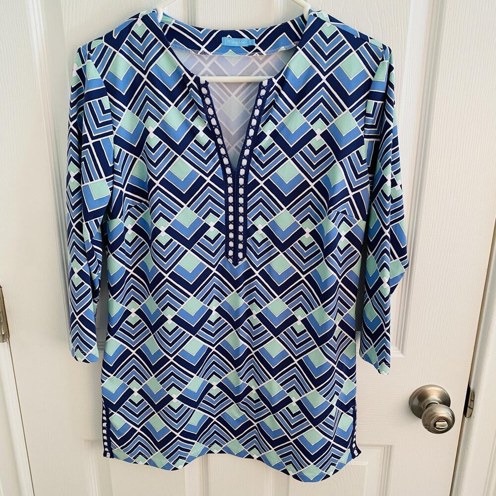 J.McLaughlin Shirt Womens Small Blue Green Geometric Split Neck Catalina cloth